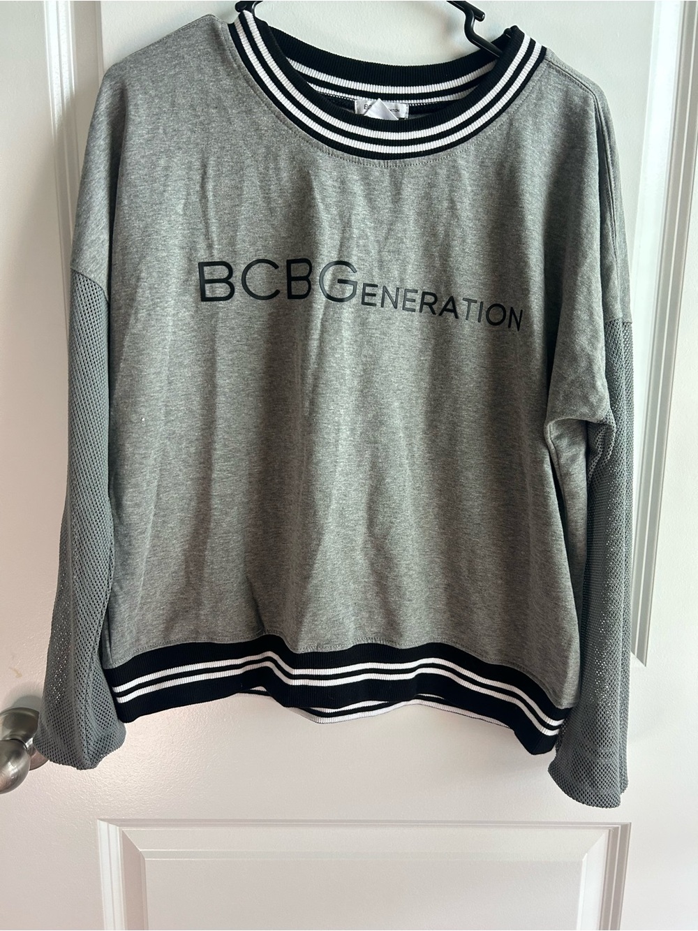 BCBGeneration Gray Logo Crewneck Sweatshirt with Striped Trim